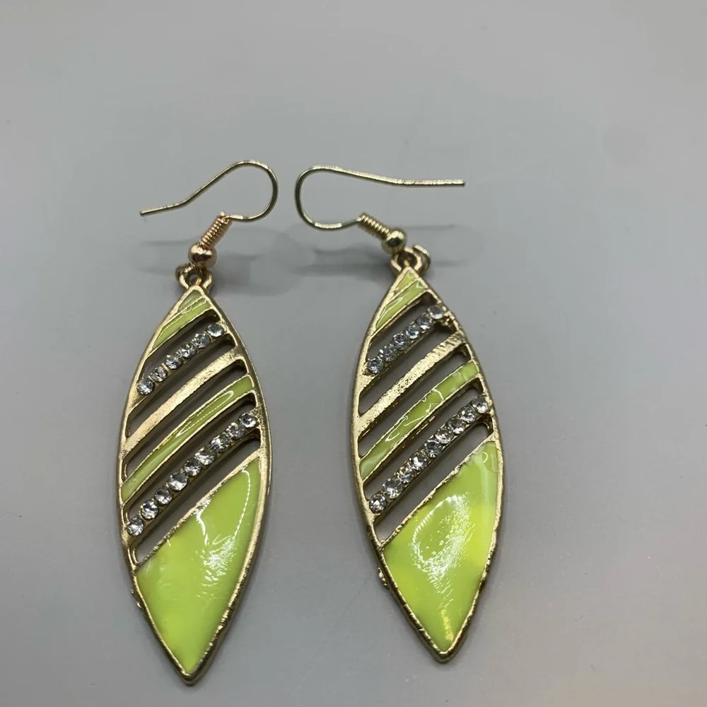 Gold Tone Lime‎ Green Rhinestone Enamel Leaf Shape Earrings 2 1/2” Long